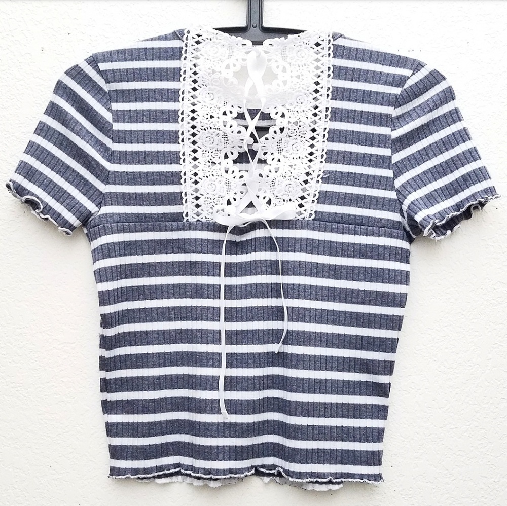 American Rag Striped Top W/Lace & Corset Detail